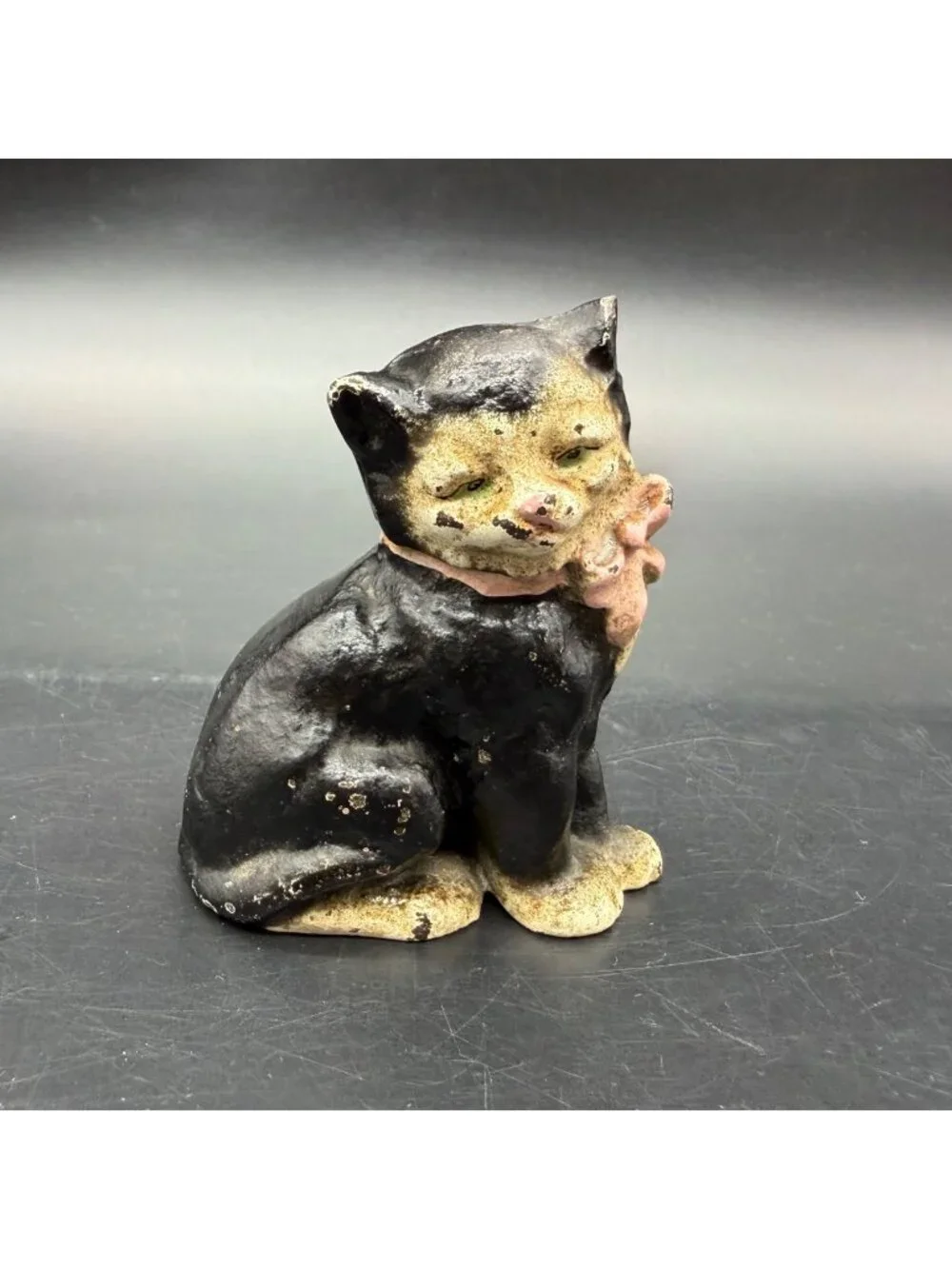 Hubley Cast Iron Cat Figurine Paperweight Vintage Decor Black White Pink Bow